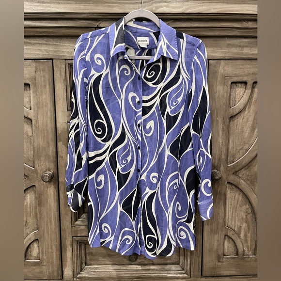 EUC Women’s CHICO’S Navy and White 💯 Percent Silk Long Sleeve Blouse (Small) - Picture 1 of 5